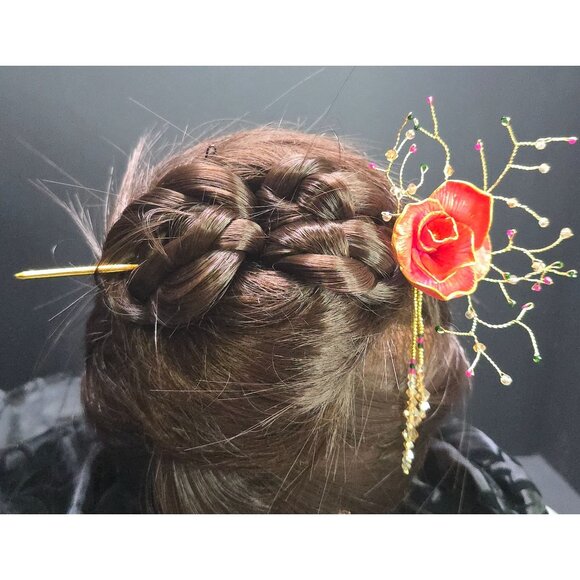 Unique Handcrafted Elegant Gemstone Asian Inspired Pink and Gold Rose Hair Stick - Picture 4 of 7